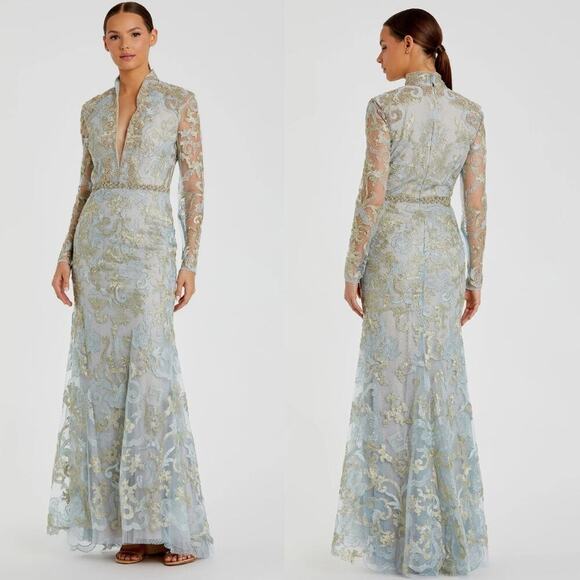 Mac Duggal Long Formal Dress 11165 Long Sleeve Applique V-Neck Gown Blue Gold 2 - Picture 1 of 7